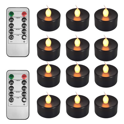 ODTRAM Black Tea Lights Candles Battery Operated: 12-Pack with Remote Control and Auto Timer, Realistic Flickering LED for Wedding, Halloween, Christmas & Home Decor