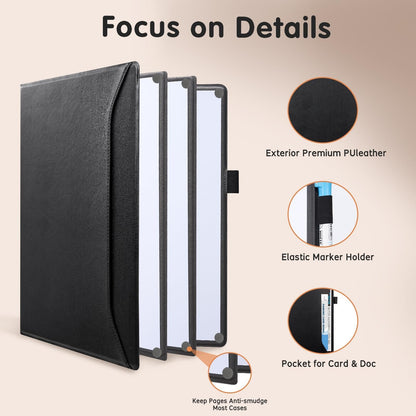 CoBak 6 Sides Portable White Board 12x9 inch (A4) - Notebook Design Dry Erase Small Board with Pocket and 3 Markers, Anti-Ghosting Surface for Office, School, Homeschool with Gift Box (Black)