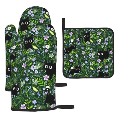 Spring Funny Black Cat Hot Pads and Oven Mitts Heat Resistant,Green Oven Gloves Pot Holders Set for Cooking Baking Grilling BBQ,Cute Cat Lover & Baking Gifts for Women