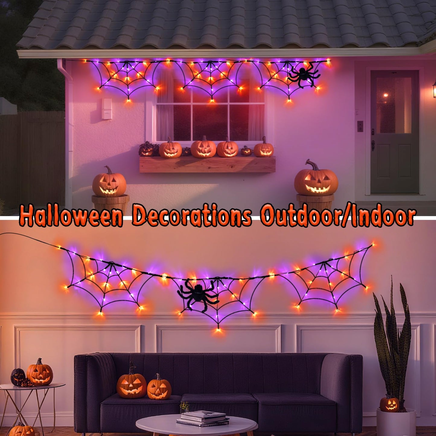 FFZZKJ Halloween Decorations Spider Web Lights 6FT 60LED Battery Operated/USB Powered with Black Spider with Timer 8 Modes Indoor Outdoor for Halloween Decor, Orange&Purple