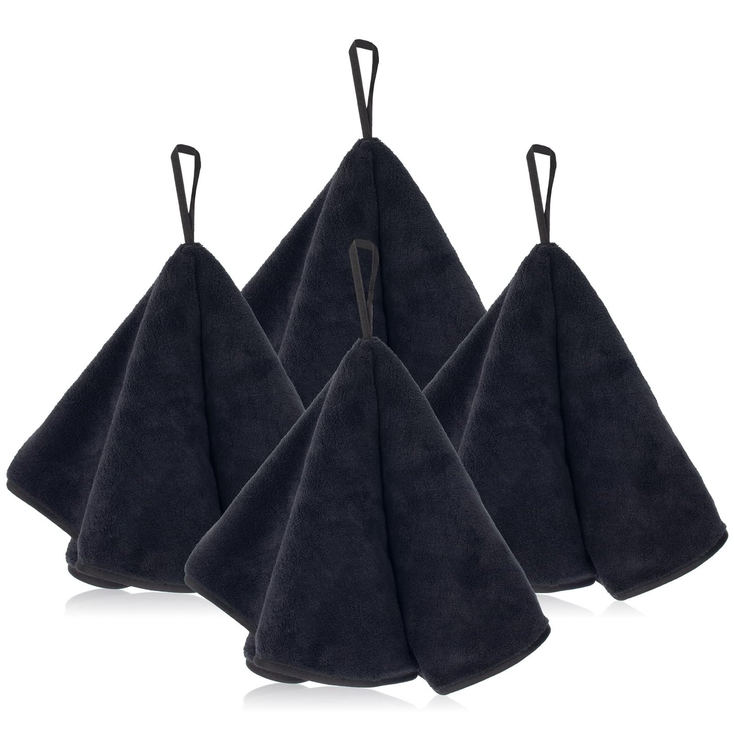 Hipruict Hanging Hand Towels with Loops, 4 Pcs Hand Towels for Kitchen, Absorbent and Soft Fiber for Quick Dry, Round Shape (Black)