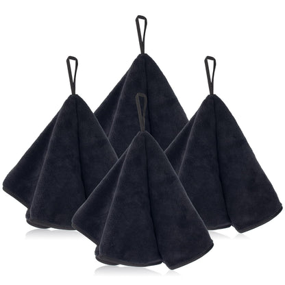 Hipruict Hanging Hand Towels with Loops, 4 Pcs Hand Towels for Kitchen, Absorbent and Soft Fiber for Quick Dry, Round Shape (Black)
