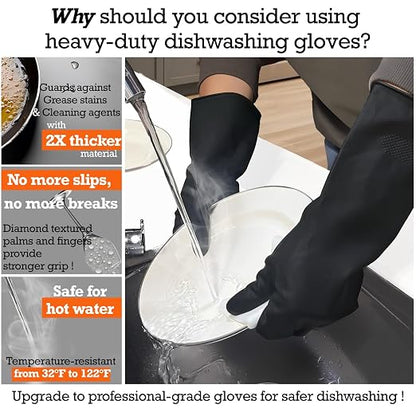 Heavy-Duty Thick Black Rubber Cleaning Gloves, 3 Pairs, L | Reusable & waterproof black/orange dual layers. Non-slip design for dishwashing, kitchen cleaning, and auto care.