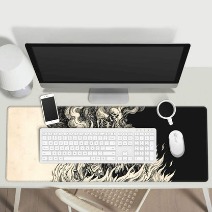 Gaming Mouse Pad Large, Gothic Skeleton Burning in Fire Desk Pad, 31.5x11.8 in Extended Mousepad Non-Slip Rubber Base Waterproof Matte for Office