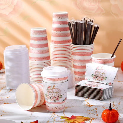 Pickmesh 50 Set 12oz Little Pumpkin Coffee Cups Sets Fall Baby Shower Party Pumpkin Flower Paper Cups with Lids, Sleeves and Stirrers for Autumn Thanksgiving Gender Reveal Party Supplies