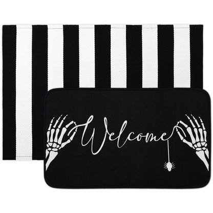 Tinideya 2 Pcs Summer Halloween Door Mats Outdoor Gothic Skull Welcome Front Doormat Linen Rubber Layered Black White Striped Skeleton Mats Nonslip Washable Halloween Decor for Front Porch Entryway