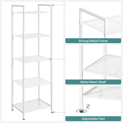 SONGMICS 5-Tier Storage Rack, Bathroom Shelf, Extendable Plant Stand with Adjustable Shelf, for Bathroom, Living Room, Balcony, Kitchen, White UBSC035W01