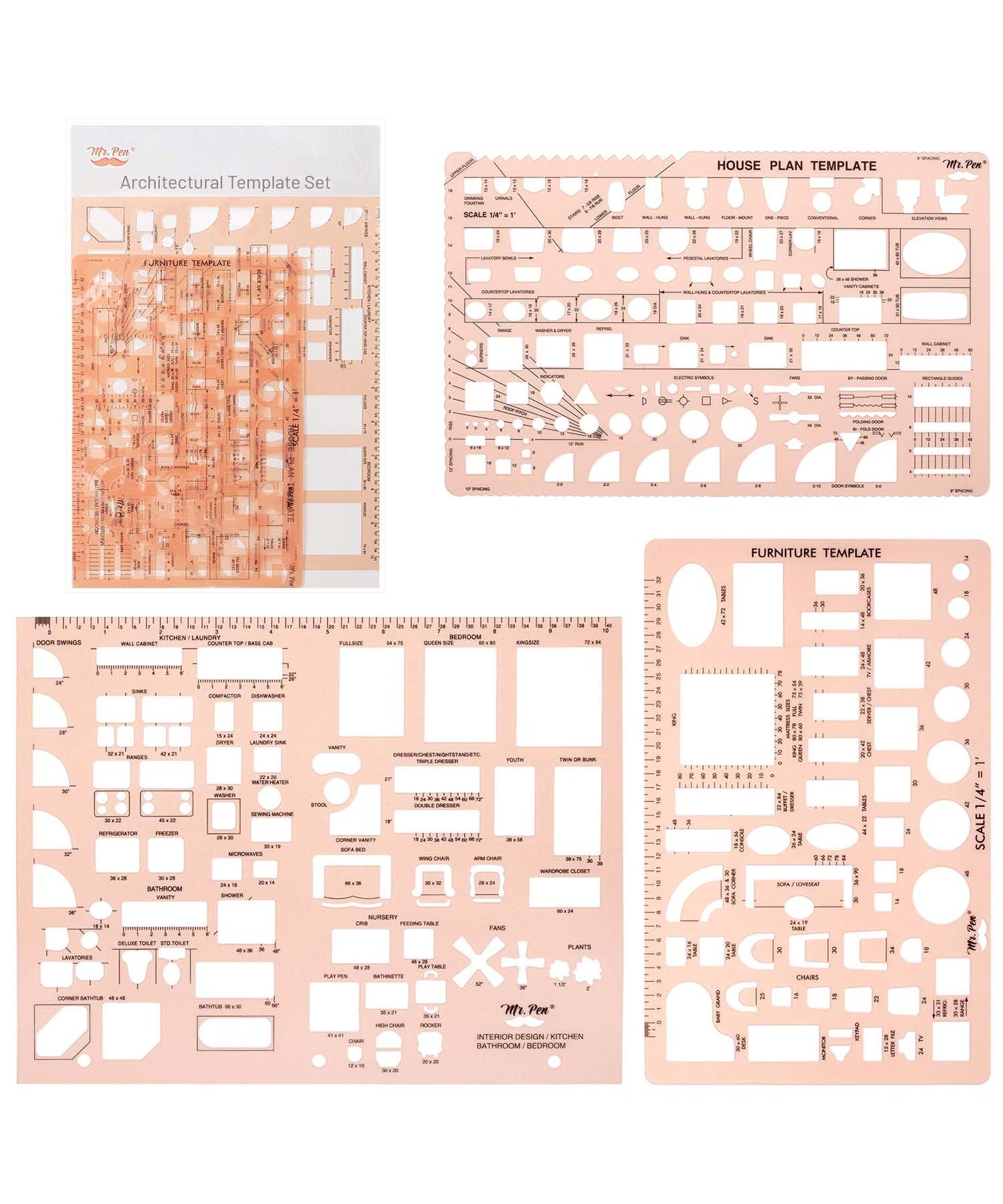 Mr. Pen- House Plan, 3 pcs, Interior Design and Furniture Templates, Clear Flexible Plastic, Drafting Tools, Ruler Shapes for Architecture, 1/4 Inch Scale, Kitchen, Bath, Bedroom, Office, Living Room