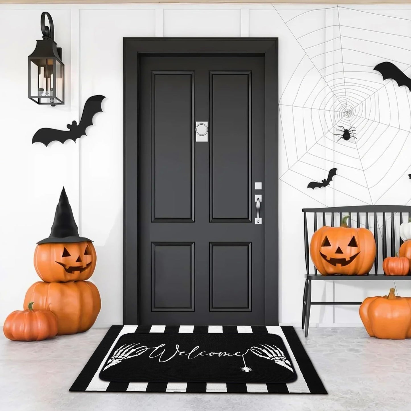 Tinideya 2 Pcs Summer Halloween Door Mats Outdoor Gothic Skull Welcome Front Doormat Linen Rubber Layered Black White Striped Skeleton Mats Nonslip Washable Halloween Decor for Front Porch Entryway