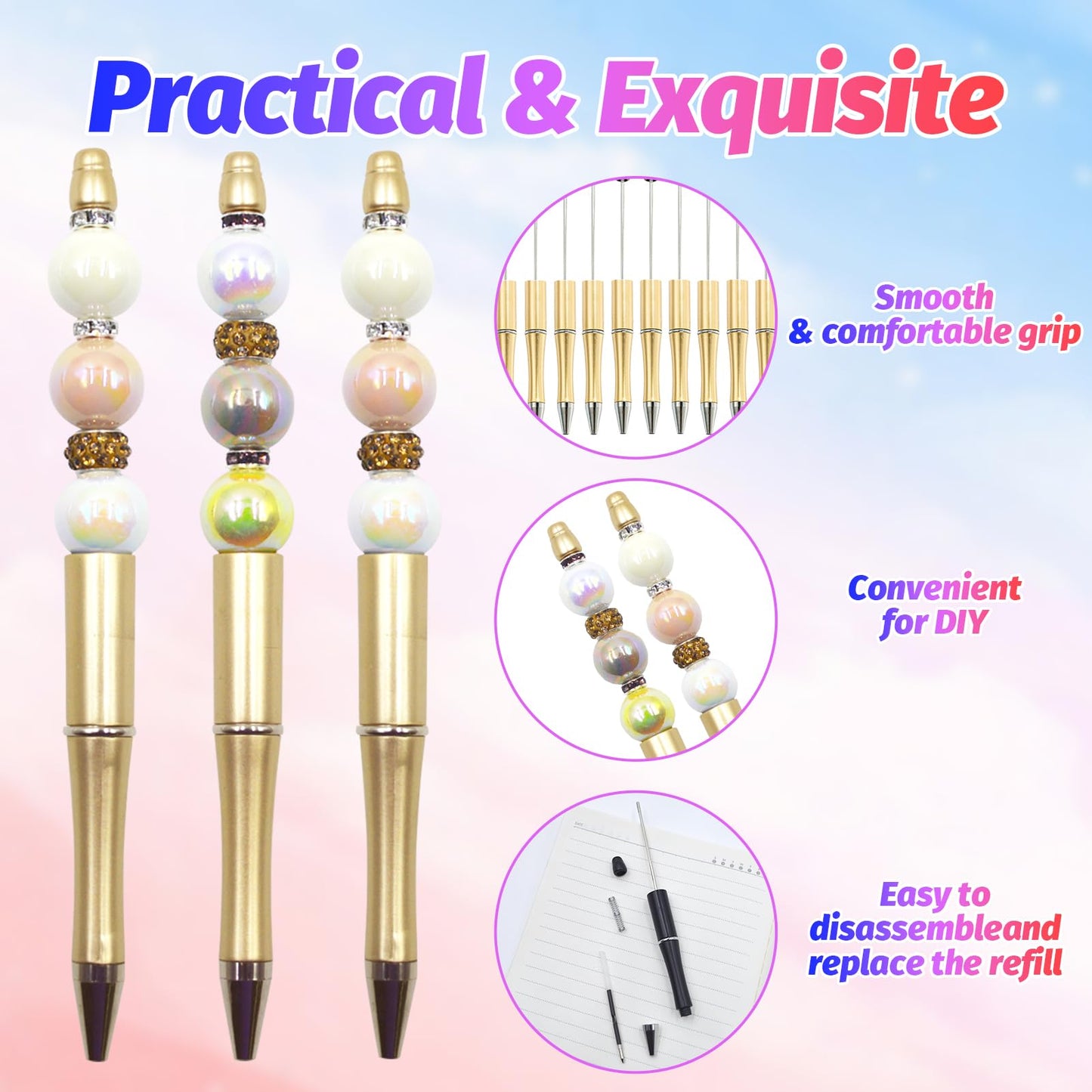 DASTTUIS 150 Pieces DIY Beadable Pen Kit – 50 Plastic Ballpoint Pens with Refills & Bags – School Supplies, Office Accessories & Decorative Items for Students & Teachers (Gold)