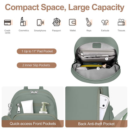 SYTRAH Mini Backpack for Women Small Backpack Purse, Anti Theft Backpack Waterproof Lightweight Puffer Back packs for Travel, Work with Coin Purse Green