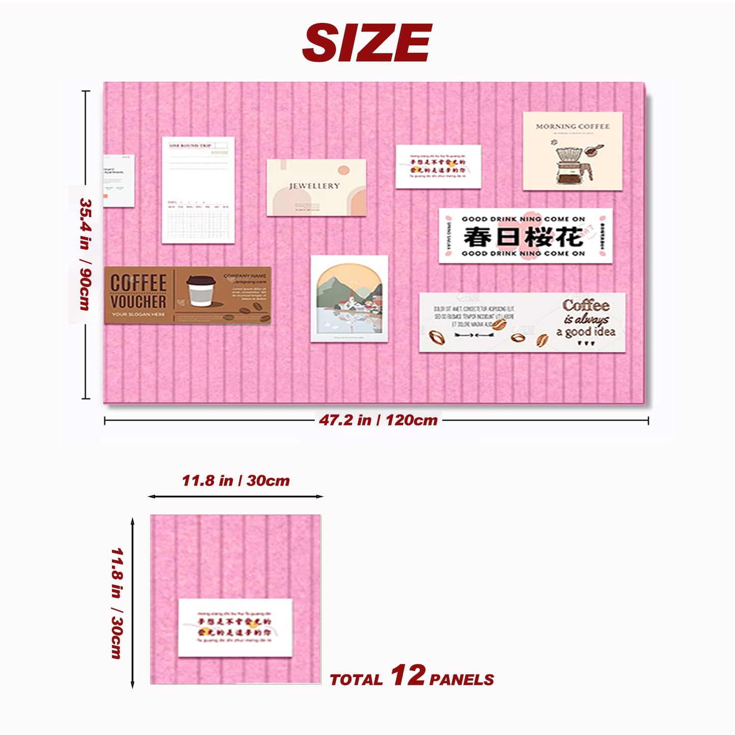 Large Felt Wall Tiles Cork Boards for Office Cubicle, 47"x35" Felt Photos Board Bulletin Tiles Pin Board for Walls Home Decor, Noise Reduction Boards Panels for Notes Memos, 12-Pack, Pink