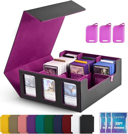 UAONO Card Storage Box for Trading Cards, 1800+ Commander Deck Box for MTG with Display Window, Toploader Card Case fits Magic TCG PTCG Sports Cards; 10 Removable Divider, 3 Stoppers (Black, Purple)