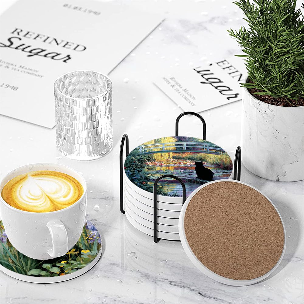 Drink Coasters for Drinks Set of 6, Water Lilies Art and Black Cat Absorbent Round Ceramic Stone Mat Coaster, with Cork Base and Metal Holder, Home Bar Decor House Warming Gift