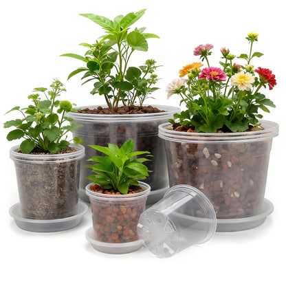 GUGEMEI 10/8/6/4 Inch Clear Nursery Pots with Drainage Holes and Saucers, 12 Pack Large Clear Pots for Plants Variety Pack, Plastic Nursery Pots for Succulents, Seedings, Herbs, Flowers, Vegetables
