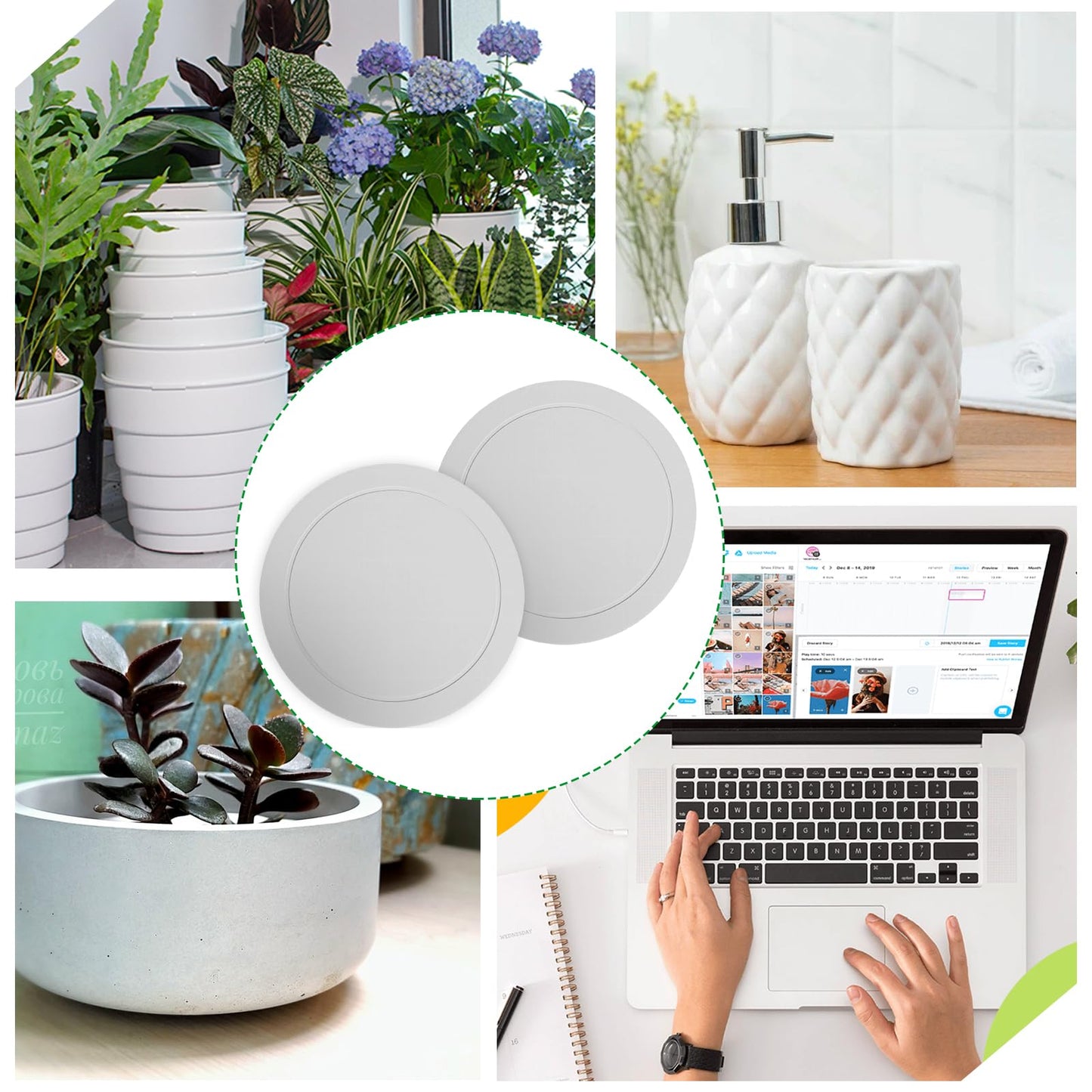 Afcabakila Diatomaceous Earth Plant Saucer, 12 Inch Instant Dry Indoor Plant Trays, 2 Pack White with Non-Slip Pads, Multifunctional Drainage Collector