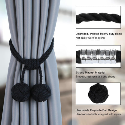 HedongHexi Magnetic Curtain Tiebacks, Cotton Handmade Drapery Holdbacks with Two Balls Rustic Style Decorative Curtain Ties for Home Office Bedroom (Black Cotton, 4 Pack)