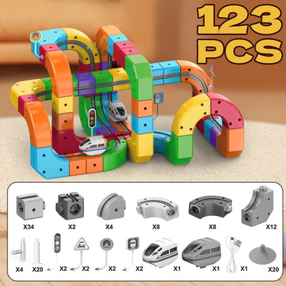 Electric Magnetic Train Track Sets,Building Toy Train Track，Magic Cars Sets,Gravity Defying 3D Embedded Layouts & Motorized Car,for 3-7 Years Old Toddler Boys and Girls Birthday (123PCS-Two Cars)