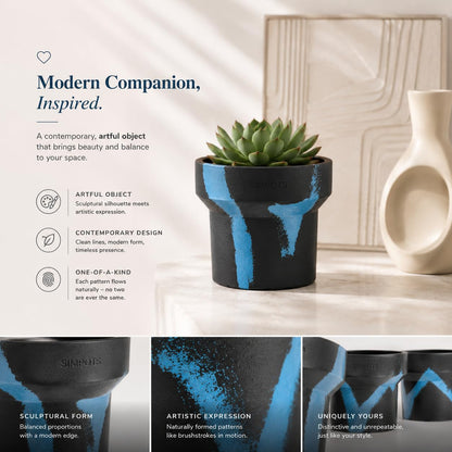 ONE ART Modern Planter Pot, Stone & Recycled Ocean Plastic, Frost Proof Indoor Outdoor Plant Pot for Succulents Flowers Herbs, Unique Hand-Finished Pattern, Lightweight Minimalist Decor (Medium)