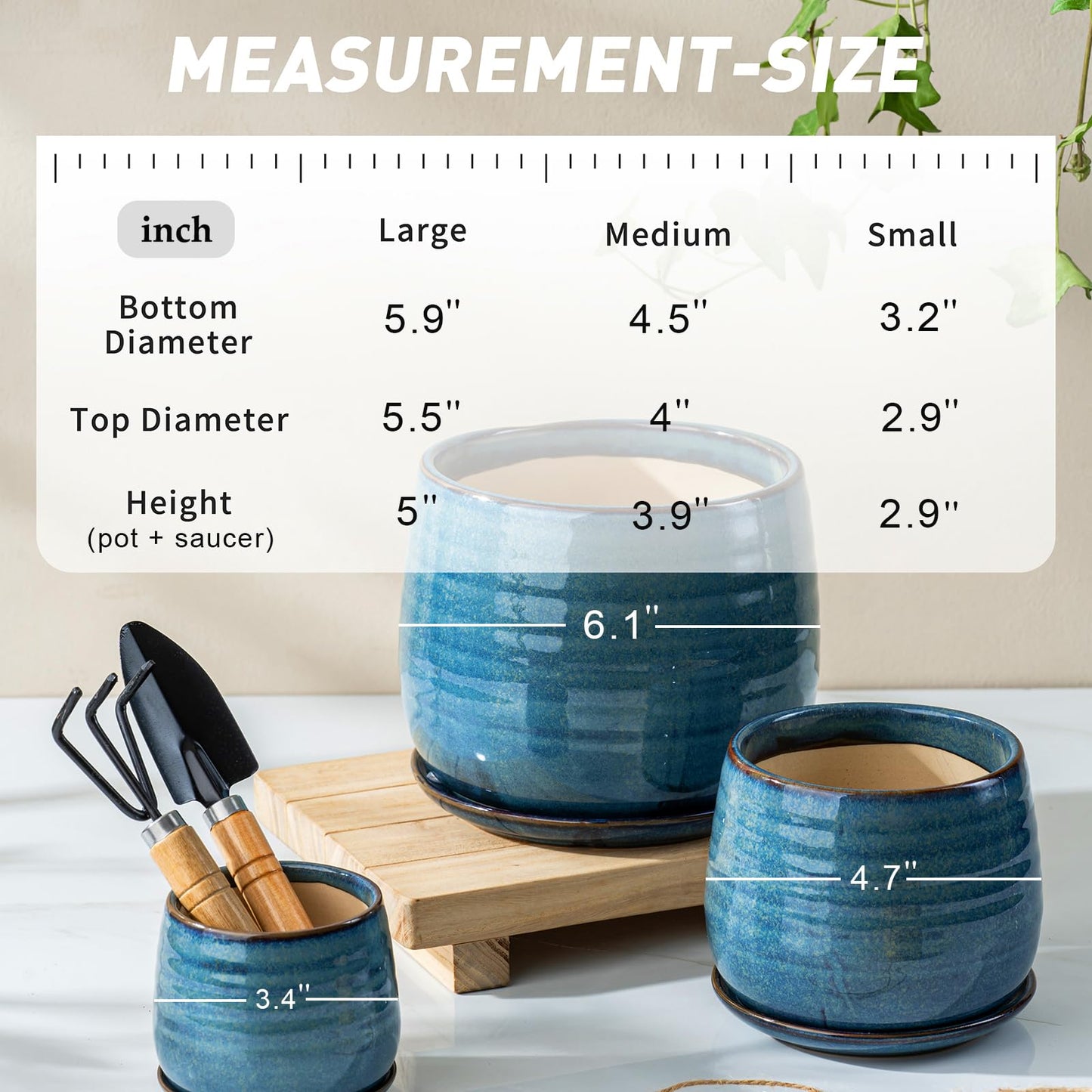 MISSYSSIM Ceramic Plant Pots with Drainage Holes and Saucers, Indoor Flower Pots for Plants Set of 3, 3.4+4.7+6.1 inch Cute Garden Pots Set for Succulent and Money Tree, Gift for Housewarmings, Blue