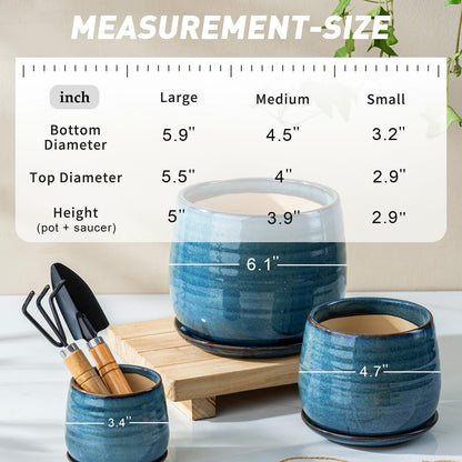 MISSYSSIM Ceramic Plant Pots with Drainage Holes and Saucers, Indoor Flower Pots for Plants Set of 3, 3.4+4.7+6.1 inch Cute Garden Pots Set for Succulent and Money Tree, Gift for Housewarmings, Blue