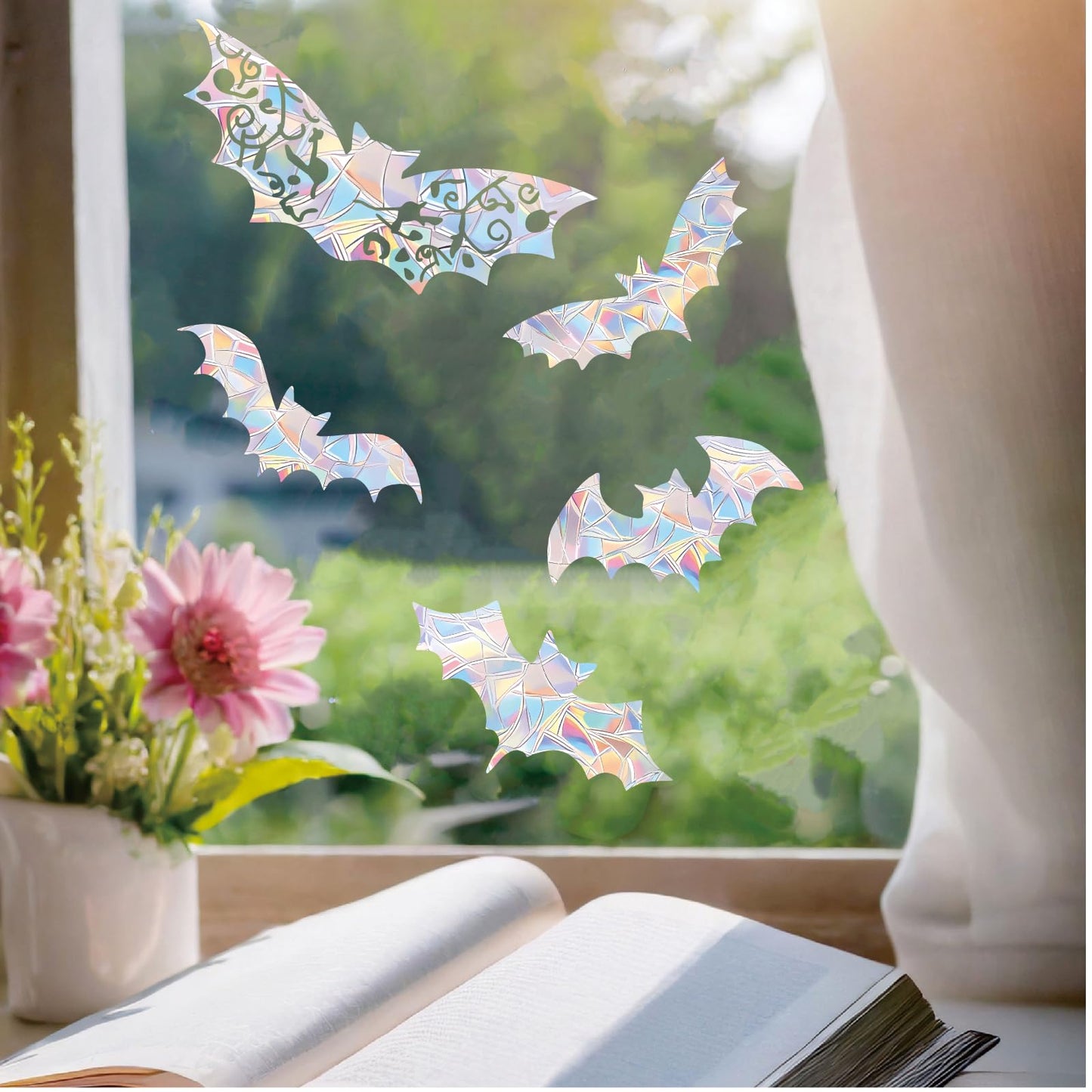 15PCS Halloween Bat Window Stickers Prevent Birds from Hitting Windows, Rainbow Sun Catcher Stickers No Glue Required, Non-Adhesive Reusable Vinyl Rainbow Stickers