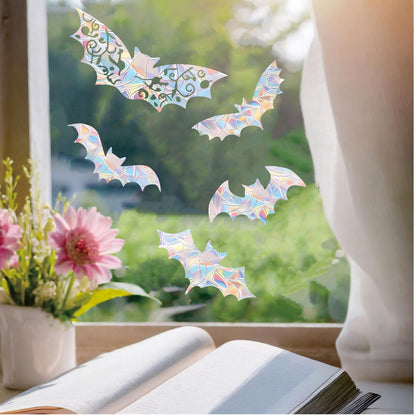 15PCS Halloween Bat Window Stickers Prevent Birds from Hitting Windows, Rainbow Sun Catcher Stickers No Glue Required, Non-Adhesive Reusable Vinyl Rainbow Stickers