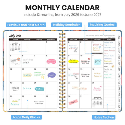 Academic Planner 2026-2027, Monthly and Weekly Calendar Planner, July 2026 - June 2027, Pretty Hardcover Teacher Student Planning Agenda Book with Tabs, Fit for School Office Supplies, 6.3" x 8.5", Soft Tulips