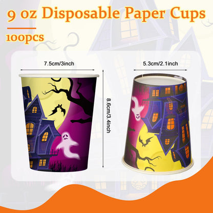 Fulmoon 100 Pcs Halloween Disposable Cups 9 oz Paper Coffee Cups for Kids Adults Holiday Party Halloween Party Supplies, 10 Styles