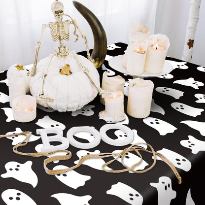 JarThenaAMCS 8 Pcs Halloween Plastic Tablecloths White Black Ghost Disposable Table Cover Spooky Rectangle Table Cloth for Trick or Treat Party Decor, 54 x 108 Inch