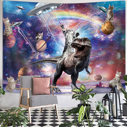 Funny Cat Tapestry, Cool Cat Riding Dinosaur on Fantasy Universe Galaxy Space UFO Tapestries for Boys Kids, Hilarious Animals Anime Cool Tapestry Wall Hanging 60X40 Inches for Bedroom Living Room Dorm Room