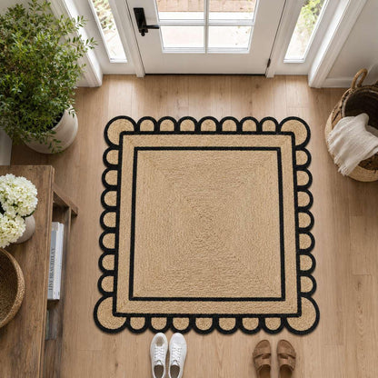 Scalloped Natural Jute Area Rug 3x5 Ft, Boho Rug with Black Trim & Non Slip Backing for Entryway, Living Room