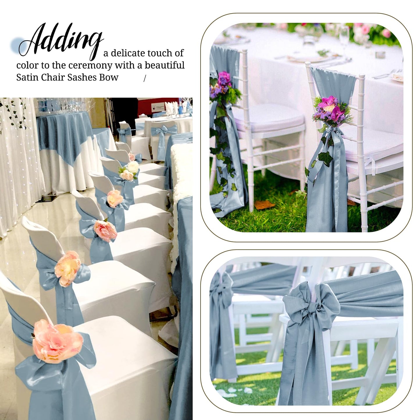 Pesonlook 50Pcs Satin Chair Sashes Ties, Dusty Blue Satin Chair Sashes Bows Chair Cover Back Tie Supplies for Wedding Reception Events Banquets Party, Hotel Event, Chairs Decoration