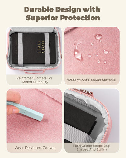 WEMATE Large Capacity Bible Cover Case, Waterproof Study Supplies Tote Bag with Double-Layer Handle & Shoulder Strap, Bag for Women, Girls, Teens, and Christian (Pink)