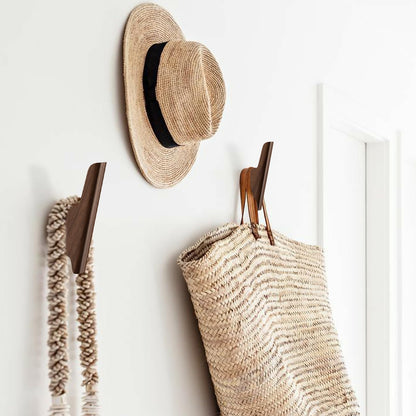 FCOWK Wood Wall Hooks 4 Pack Coat Hooks Wall Mount Walnut Wooden Hooks for Hanging Hat, Bag, Backpack, Rustic Coat Hooks for Wall, Wood Towel Hooks for Bathrooms and Entryway Hooks (Walnut, Dark)