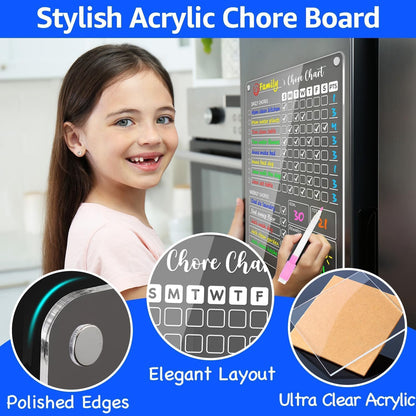 PigPotParty Acrylic Magnetic Chore Chart for Kids on Fridge – 9.5"x12" Daily & Weekly Dry Erase Chore Board with 8 Fine Tip Markers and 1 Towel – Responsibility Chart with Reward Point System