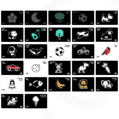 Happy Start High Contrast Baby Cards for Newborns - Black & White Cards, Water-Resistant, BPA-Free, Portable Educational Flashcards for Visual Stimulation, Award-Winning, Ages 0+ (English & Arabic)