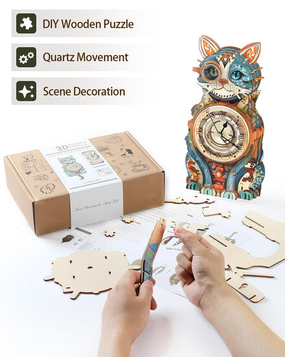 Rnfinewow 3D Wooden Puzzles for Adults, Detective Cat Clock with Pendulum Model Kit, 3D Puzzles for Adults Room Home Decor DIY Wall Clock Kit, Holiday Birthday Christmas Day Gifts for Men Women