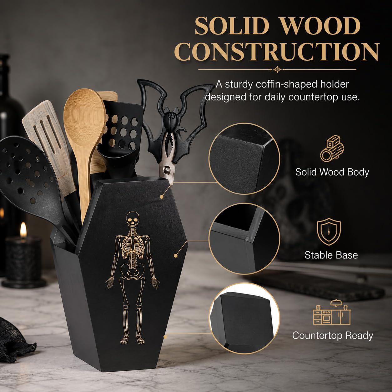 TOSOENPHY Halloween Gothic Kitchen Decor - Goth Coffin Utensil Holder (Utensils Not Included), Dual-Sided Laser-Etched Skeleton, Solid Wood Large Capacity for Spooky Bats Spoons Skull Spatulas