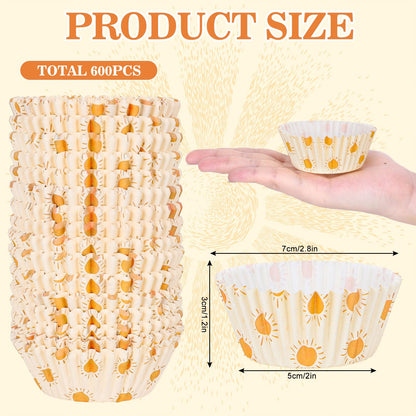 600Pcs Boho Sun Cupcake Liners Hippie Summer Sunshine Cupcake Wrappers First Trip Around The Sun Party Paper Baking Cup Holder for Baby Shower Wedding Birthday Party