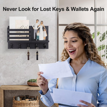 Lwenki Key Holder for Wall – Decorative Wooden Mail Holder and Key Shelf with Mounting Hardware, Installation Guide – Paulownia Wood with Metal Key Hooks (Black, Large - 11.8inch)
