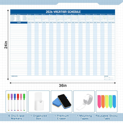 Lincia Large Magnetic 2026 Full Yearly Vacation Board Schedule Dry Erase Wall Planner Calendar Reusable Project Office Whiteboard 24" x 36" Vacation Calendar for Management, Planning, Organizing