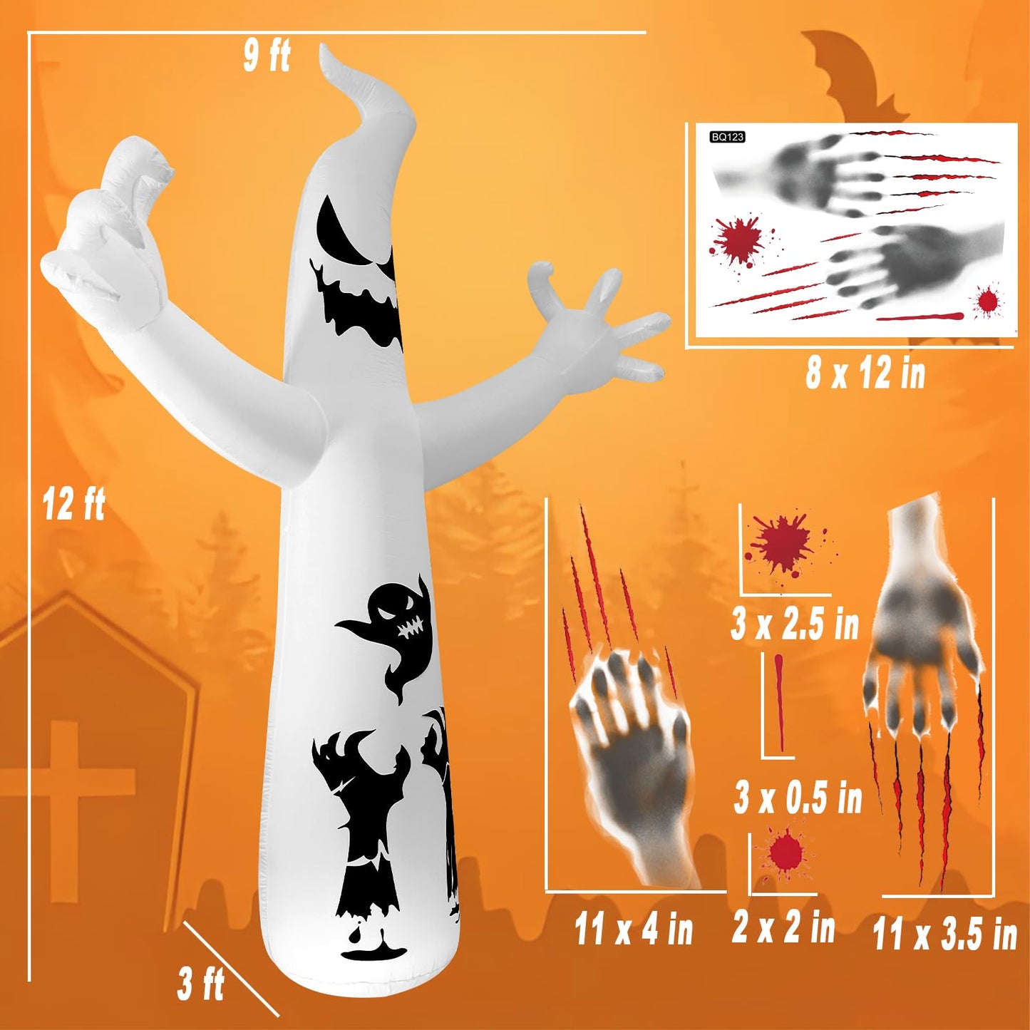 VYBEWAVE 12 FT Giant Inflatable Ghost with Halloween Window Clings for Glass