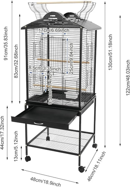 Large Playtop Bird Cage with Rolling Stand, 48 Inch Metal Frame Bird Habitat with Skylight Door & Pull-Out Tray for Cockatiel Budgie Lovebird Sun Conure