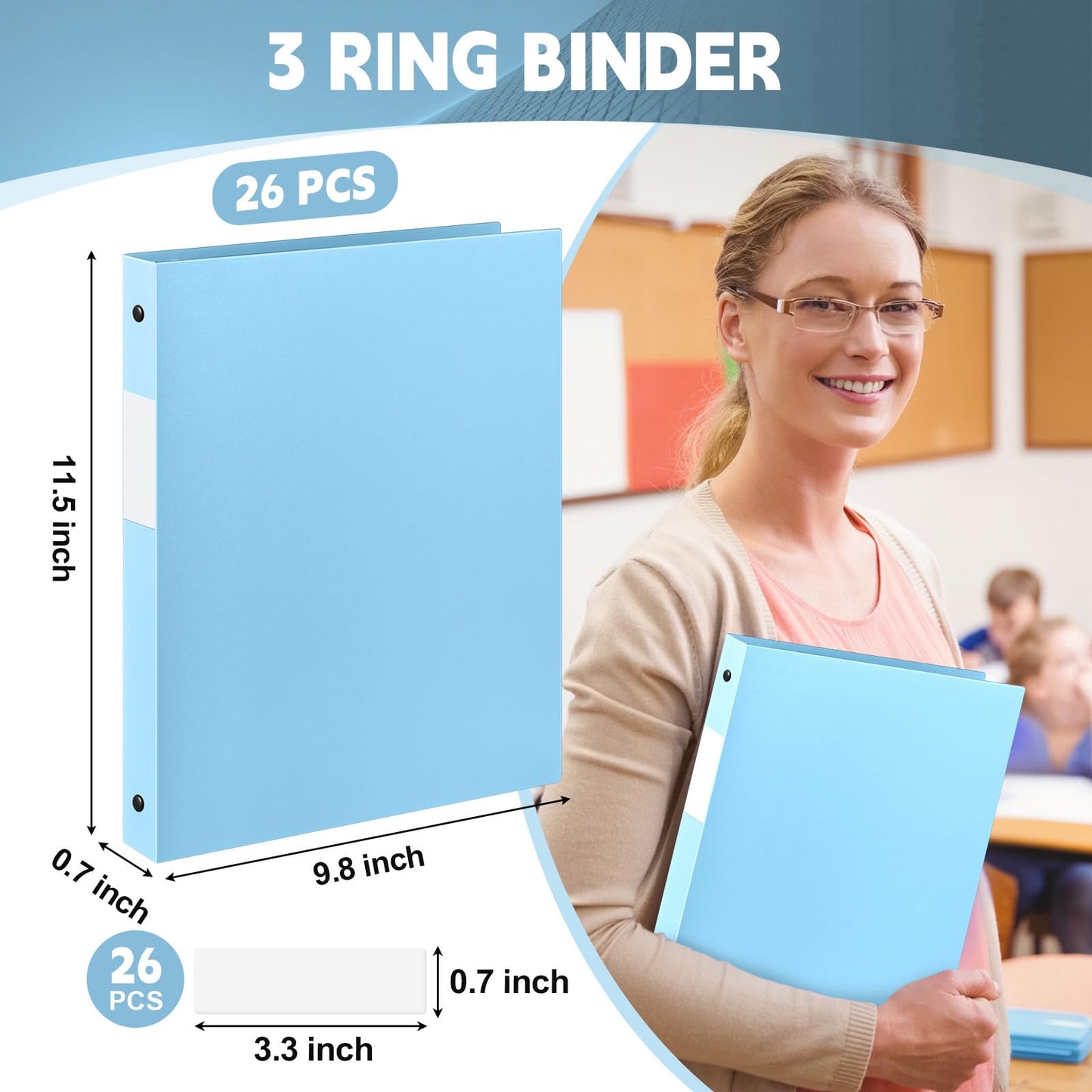 Henoyso 26 Pack 0.5 Inch Plastic 3 Ring Binder Round Ring, Bulk 1/2 Inch Flexible Binders Hold 140 Sheets Letter Size with Pocket, Document Organizer for Back to School Classroom Office (Light Blue)
