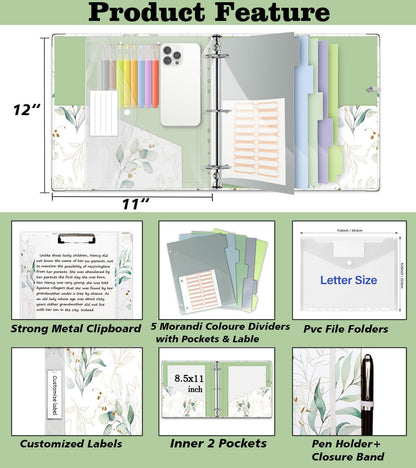 3 Ring Binder 2 Inch, Three Ring Binders Organizer with Clipboard, 5-Tabs Pockets Dividers, Plastic Folder, 18 Divider Stikers, KLLVE Cute Binder with Pen Loop (Leaves, Letter Size)