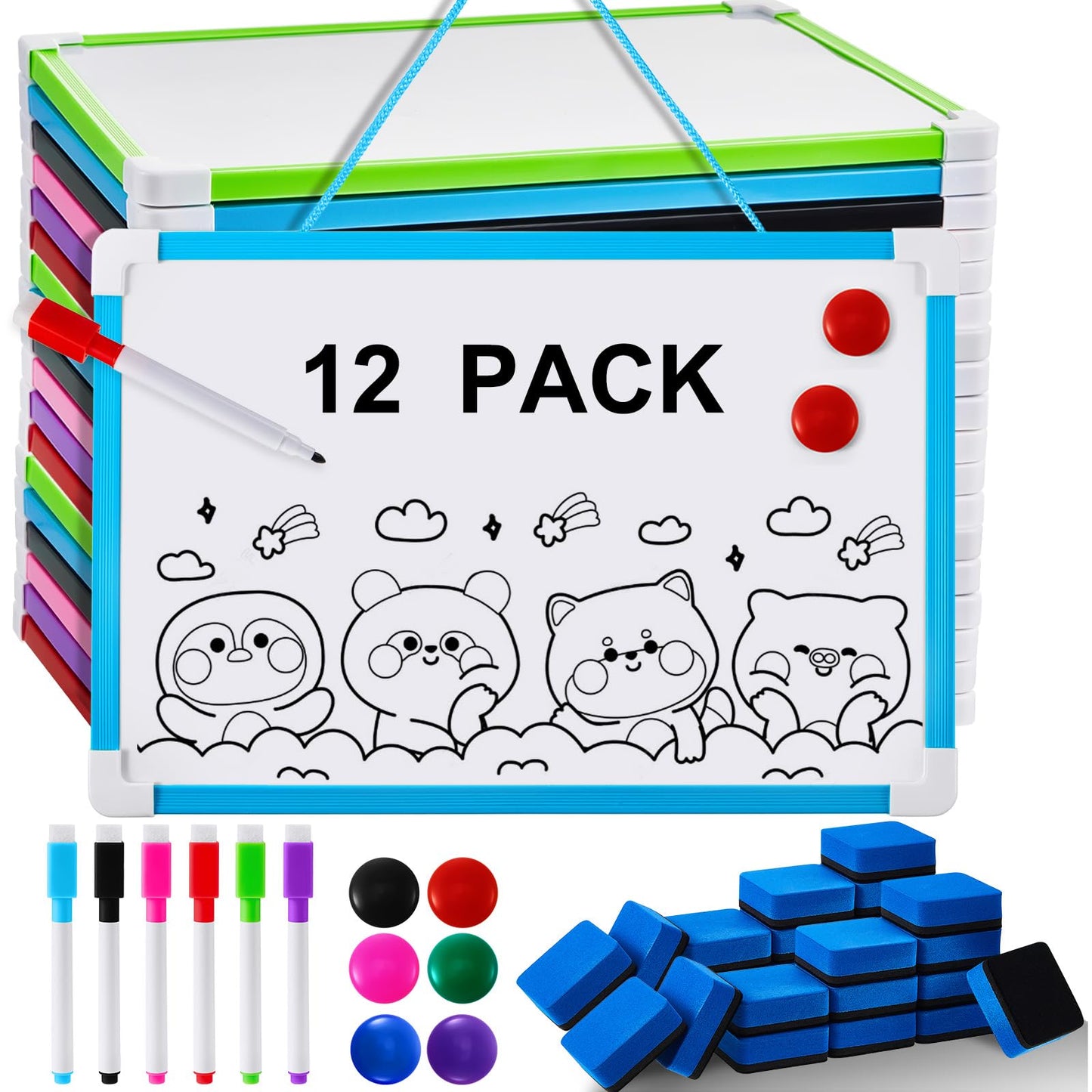 Colarr 12 Pack Hanging Magnetic Dry Erase Board 8'' x 12'' Small Double Sided White Board for Students Teachers Mini Whiteboard Bulk School Supplies Including Markers Magnetic Buttons and Blue Erasers