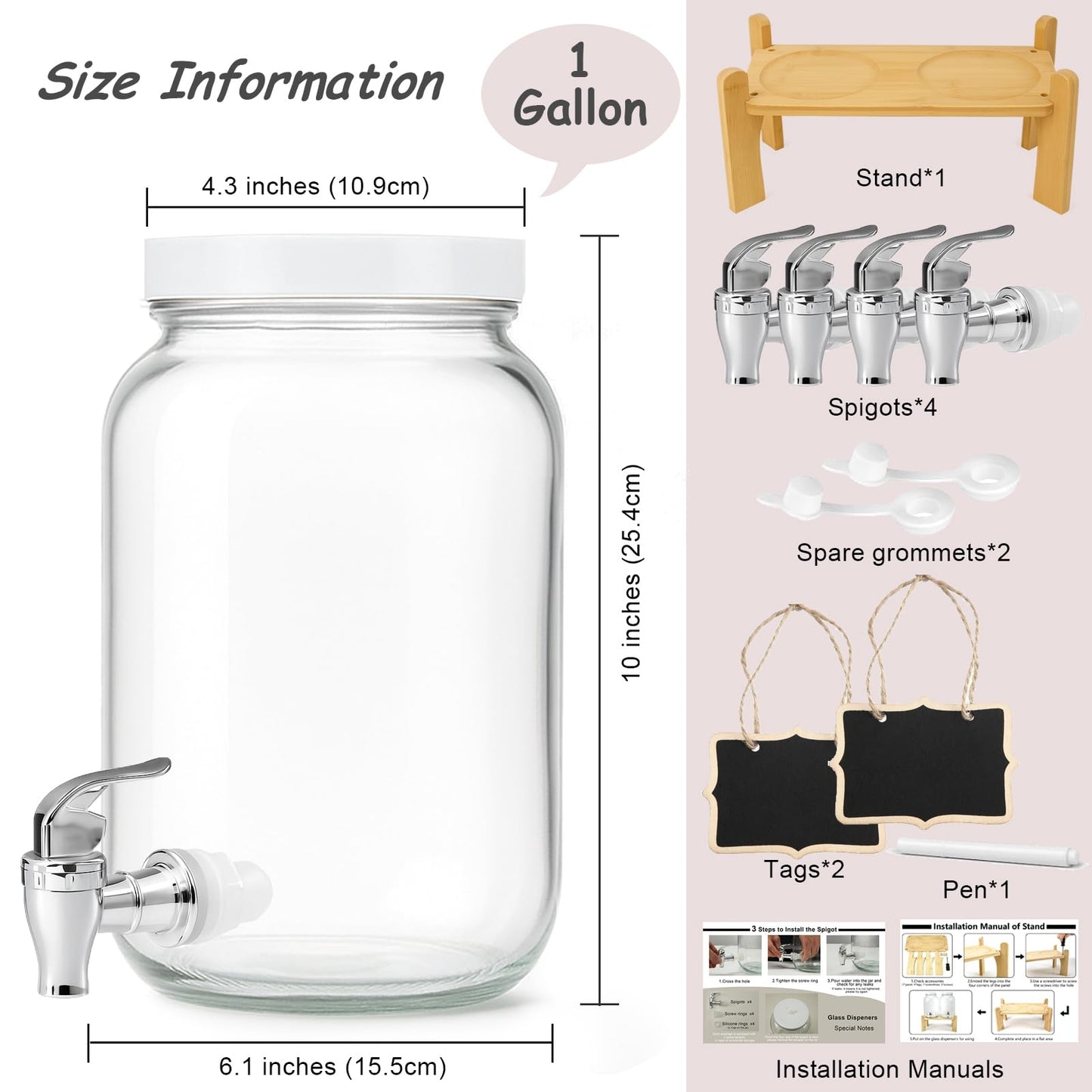 1 Gallon Large Glass Drink Dispensers with Stand for Parties, Glass Iced Beverage Dispensers with Spigot, Reusable Water Dispenser Countertop (2 Pack)