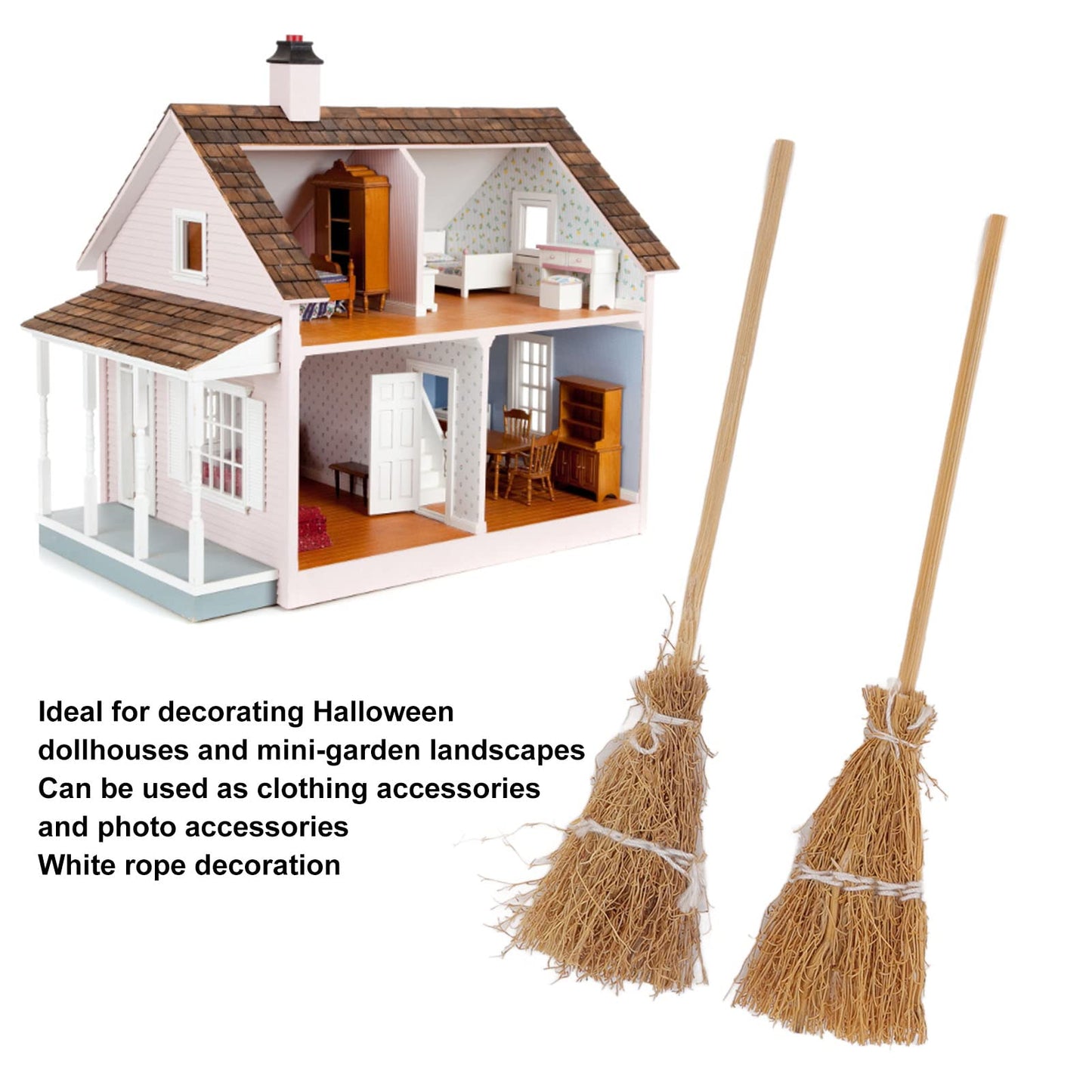 20-Pack Mini Witch Brooms - White Rope Halloween Decor, Miniature Broomstick Ornaments for DIY Crafts, Party Favors & Haunted House Displays