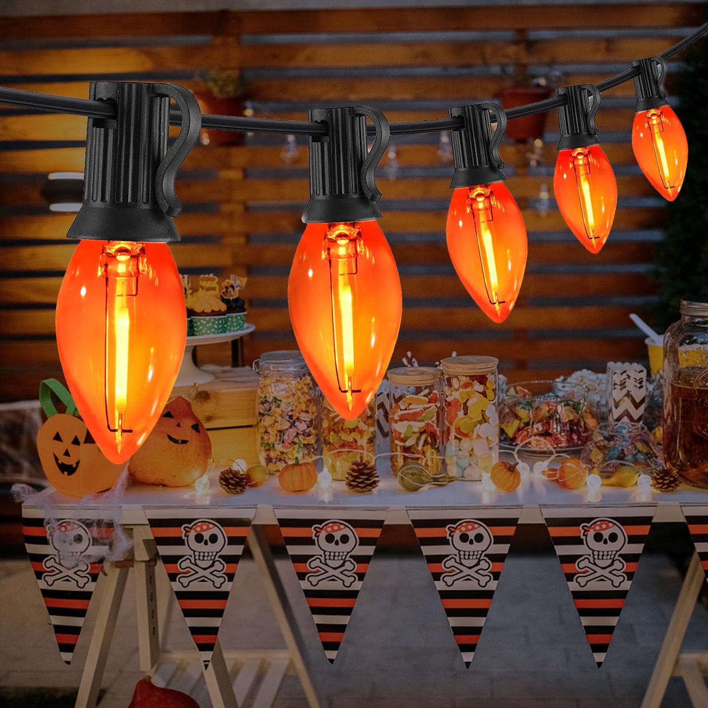 CHYParty 12FT Orange Halloween Lights Outdoor, C7 LED String Lights Plug in with Black Wire for Patio, Porch Railing, Walkway, Party Backdrop Decor